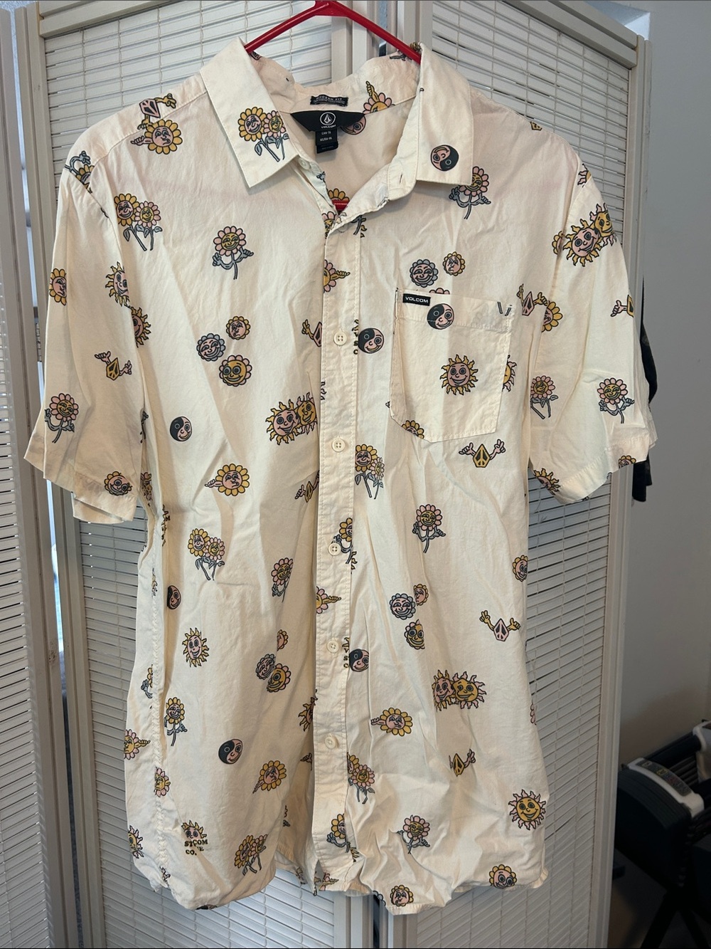 Volcom Cream Short-Sleeve Button-Up Shirt with Yellow Floral Print